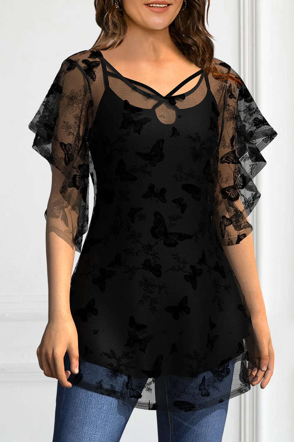 Plus Size Casual Black Lace Butterfly Double Layer Two Pieces T Shirts Ruffle Sleeve Vintage Elegant V-Neck Transparent Tee Top