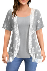 Flycurvy Plus Size Summer Casual Grey Linen Floral Print Lace Stitching Outer Shirt with Vest Two Pieces Blouse