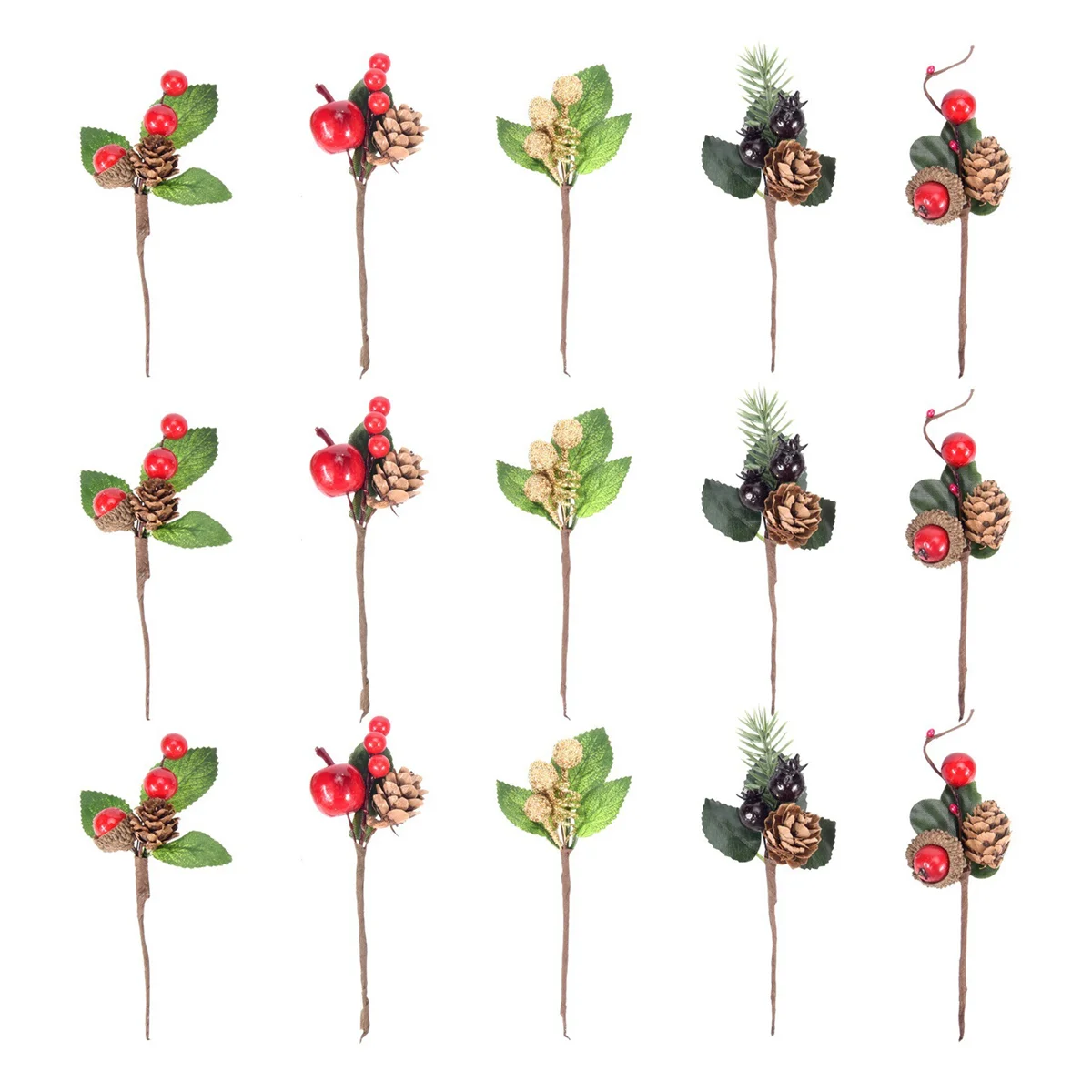 Red Christmas Berry and Pine Cone Picks with Holly Branches for Holiday Floral Decor Flower Crafts