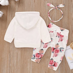 Girls Outfit White Pocket Hoodie Top + Floral Print Pants+Headband Spring