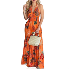 Women Tropical Print Halter Backless Maxi Dress