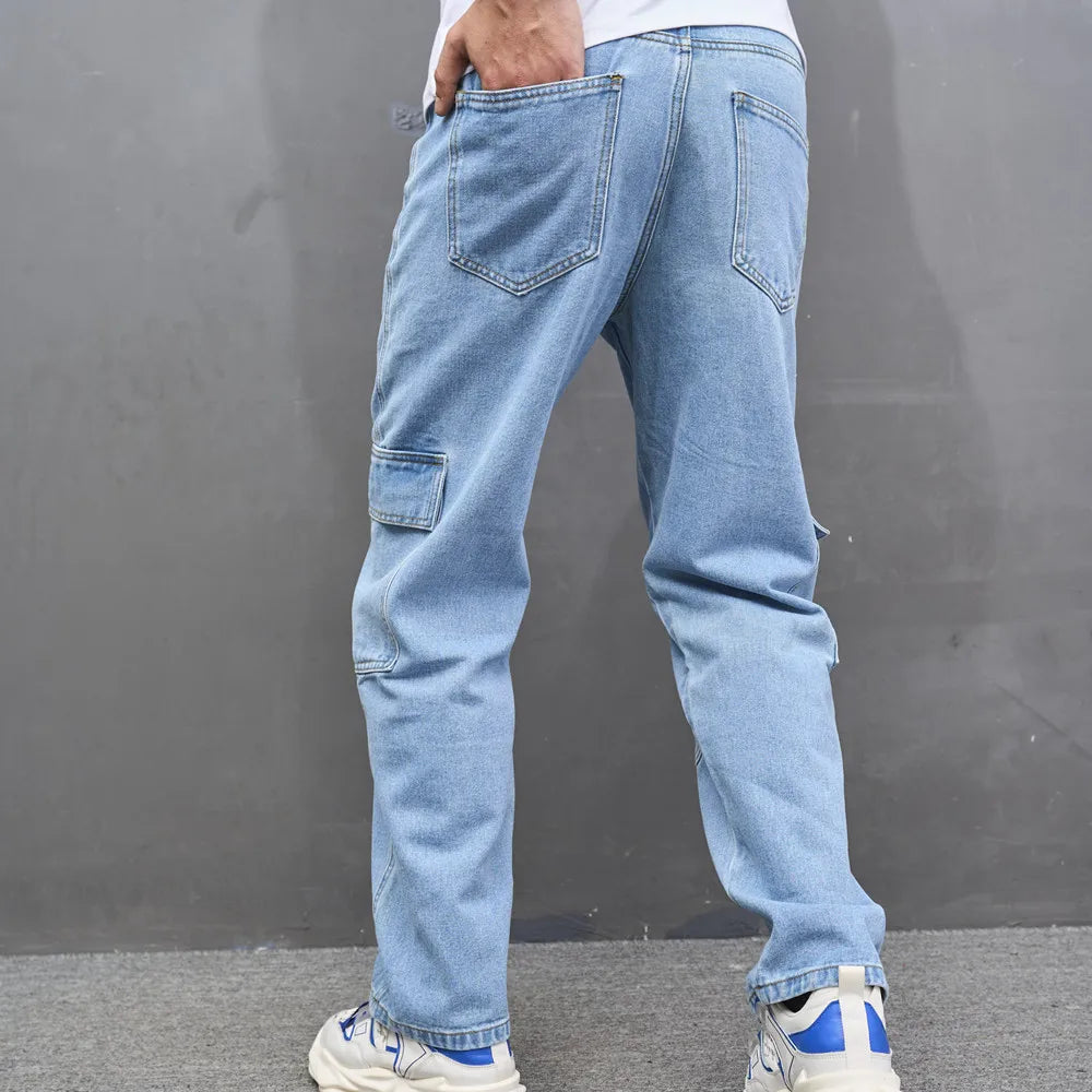 Stylish Street Men Multiple pockets Cargo Jeans Male Loose Carpenter Casual Straight Denim Pants  For Men's