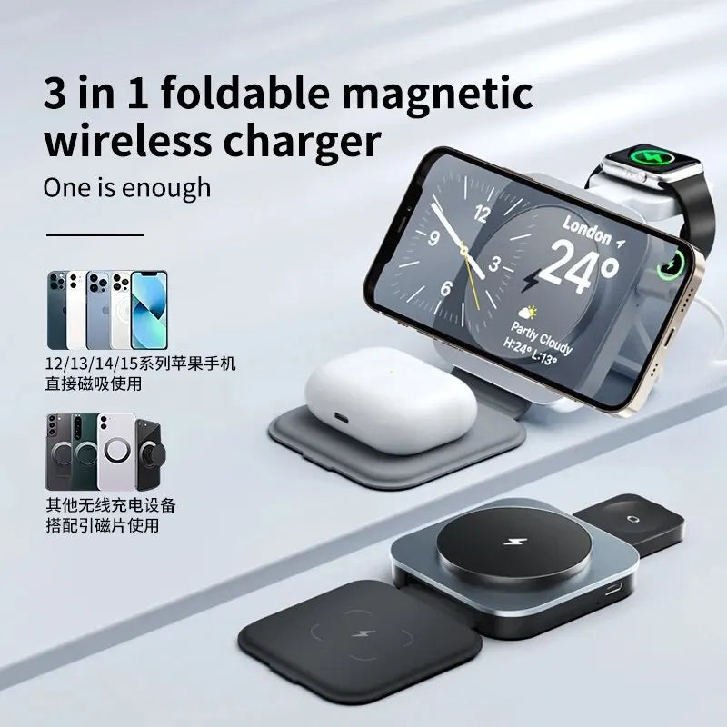 3 in 1 Foldable Magnetic Wireless Charger Stand Macsafe for iPhone 15 14 13 12 Apple Watch 8 7 6 Airpods Fast Charging Station