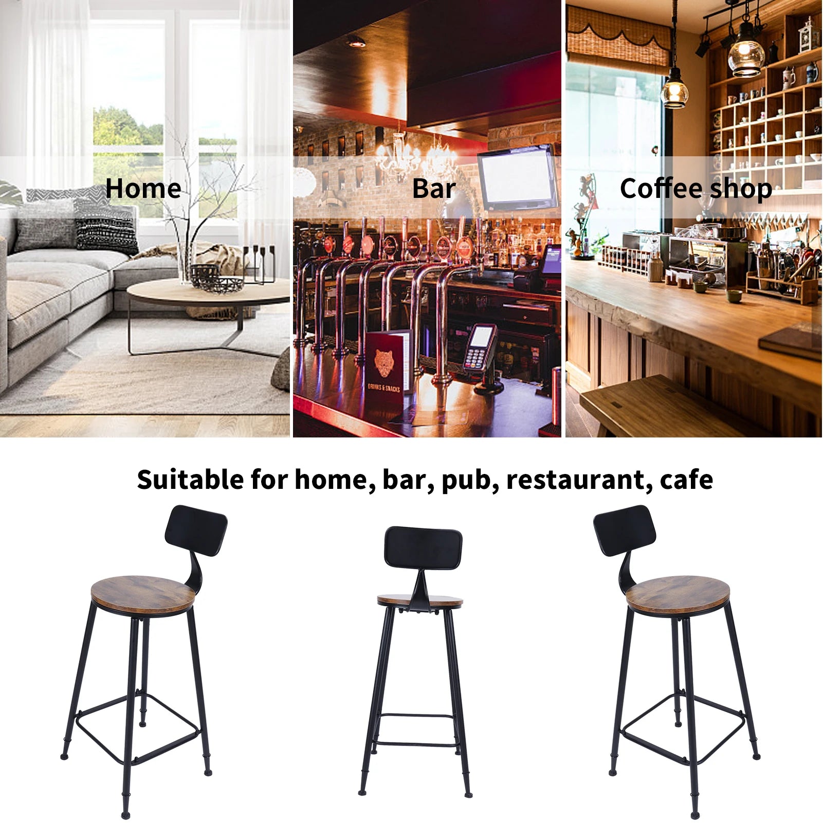 1 Pair Bar Stool with Backrest Wrought Iron Industrial Chair for Home Pub Restaurant Coffee Shop