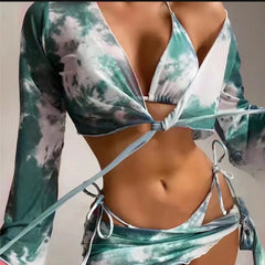 Tie Dye Four-piece Bikinis Sets Halter Women's Swimsuit Low Waist Triangle Thong Swimwear