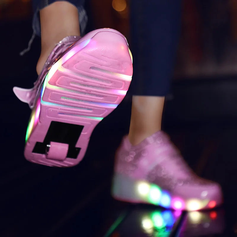 New Style Pink USB Charging Shoe Fashion Girls Boys Women LED Light Roller Skate Shoes