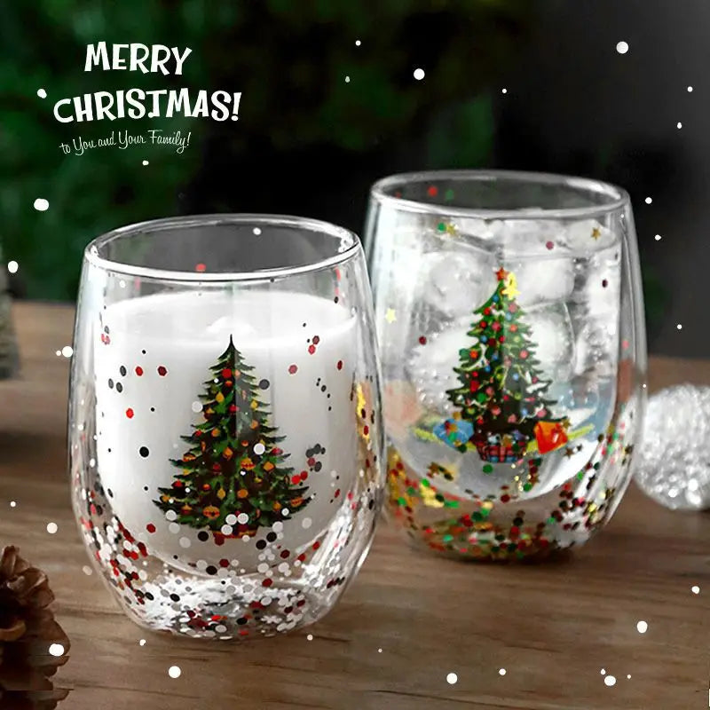 Double Wall Christmas Glass Cup Flowing sequins Christmas tree snowman Coffee Cup Heat Resistant Tea Milk Juice Mug Xmas Gift