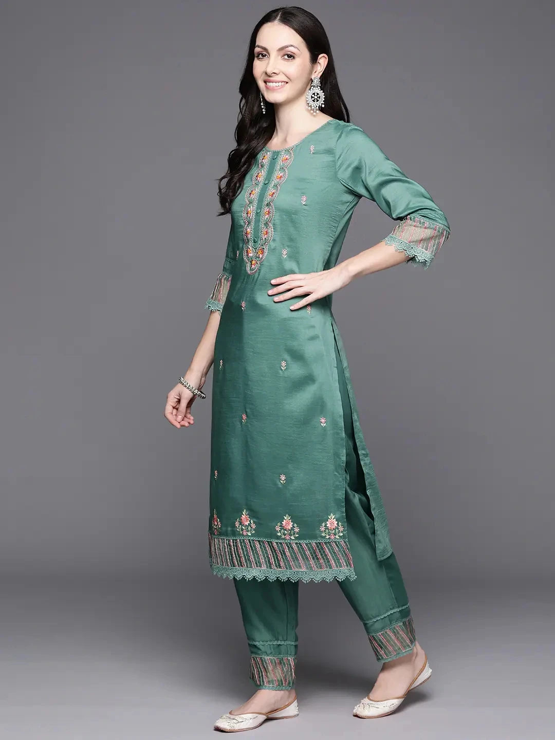 Indian Women's Clothing Ethnic Style Embroidered Green Side Cover Three Piece Silk Cotton Kurta Set