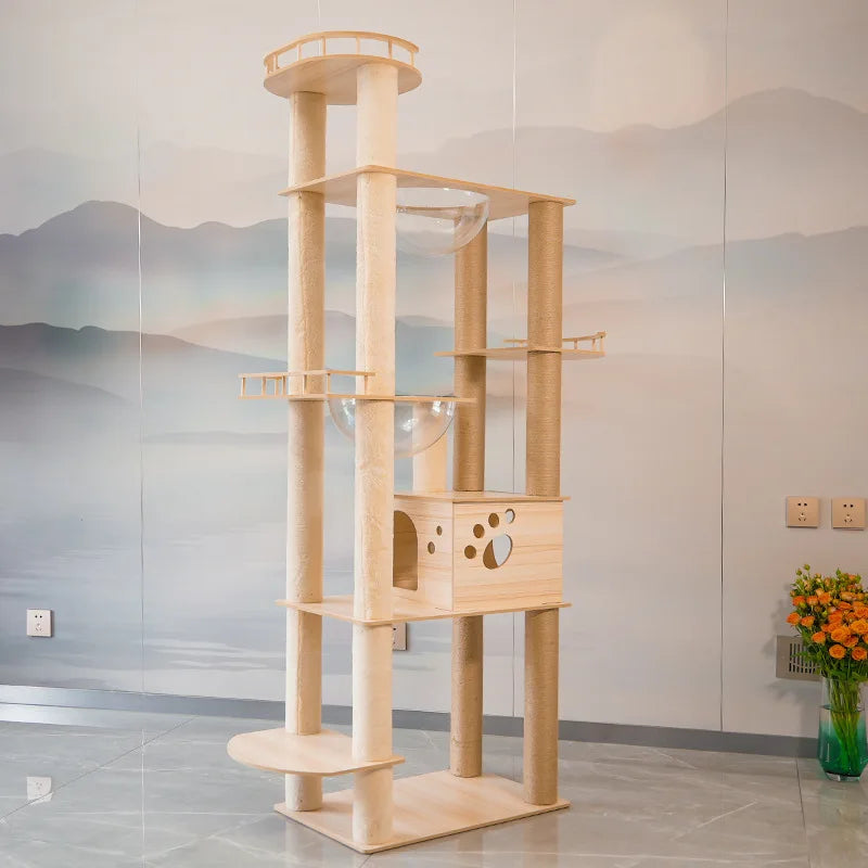 Cat Villa High Tree for Large Cats, Xl House Climbing Tower, Wood Scrapers for Cats, House Wall Furniture Set