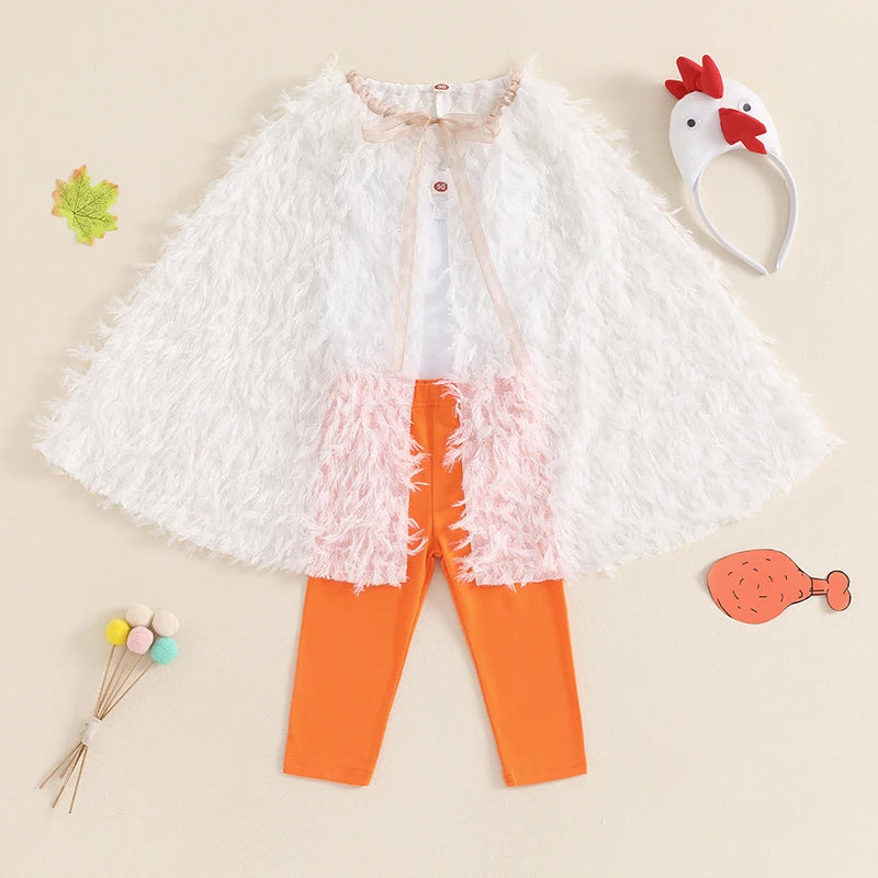 Toddler Kids Girls Halloween Chicken Costume Romper Pants Feather Cape Chicken Headband Cosplay Costume