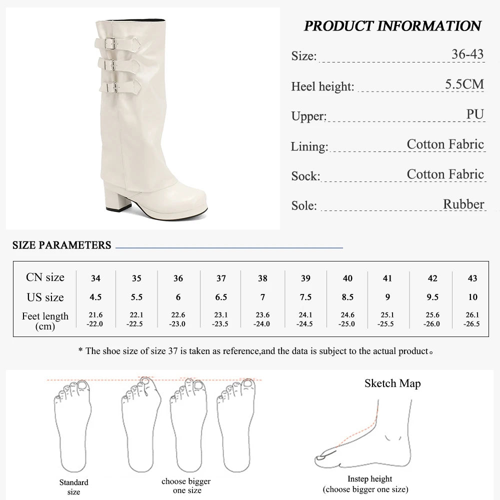 Fashion New Knee High Fold Over Boots Chunky heel Round Toe With Buckle Straps Side Zipper for Fall Winter