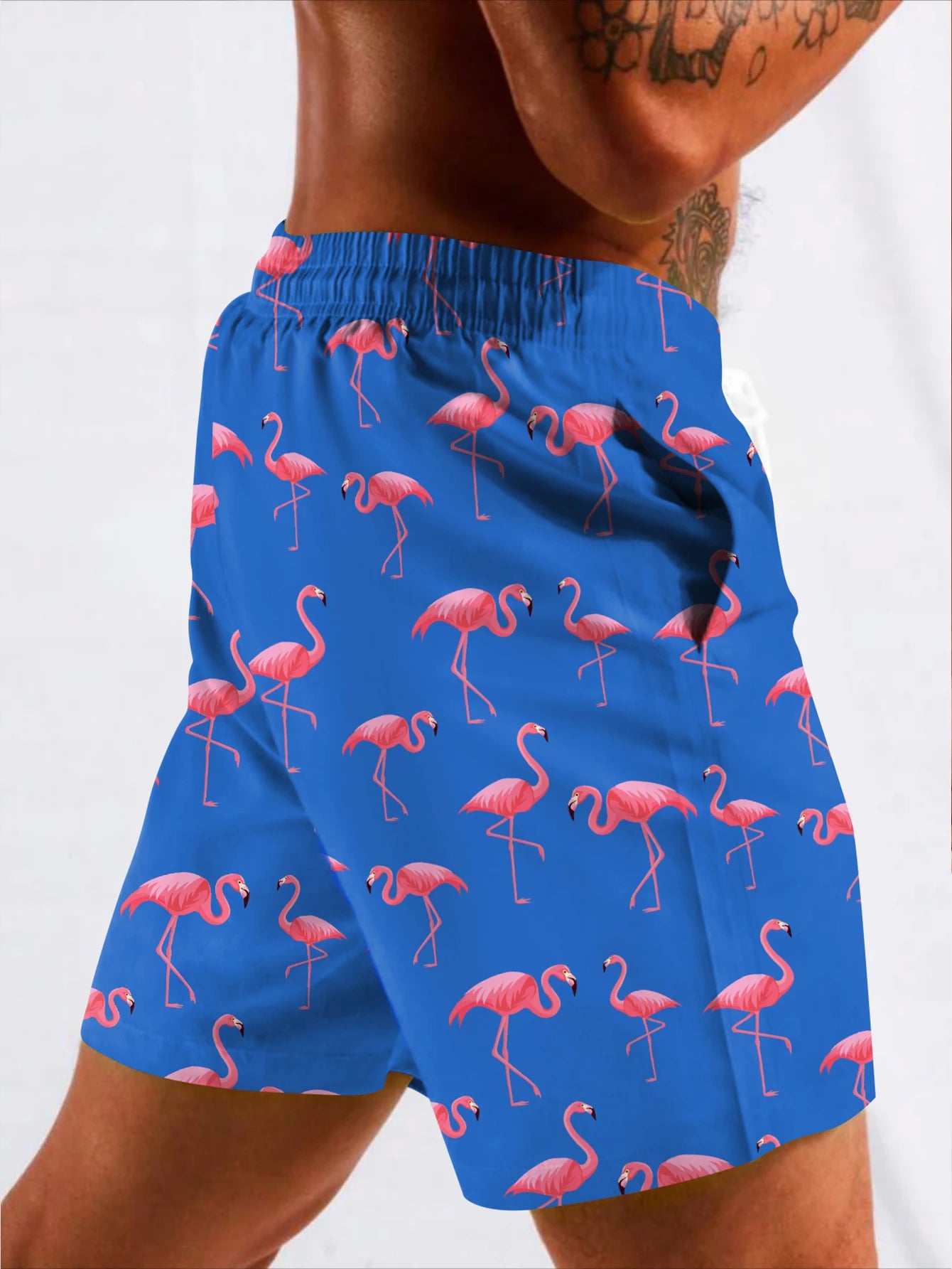 Men's Flamingos Digital Print Shorts, Casual, Double Layer Drawstring, Phone Pocket Design, Summer Beach Shorts