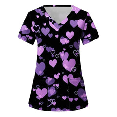 Short-sleeved Top For Nurses V-neck Women Valentine's Day Love Print Uniform Casual Women's Blouse