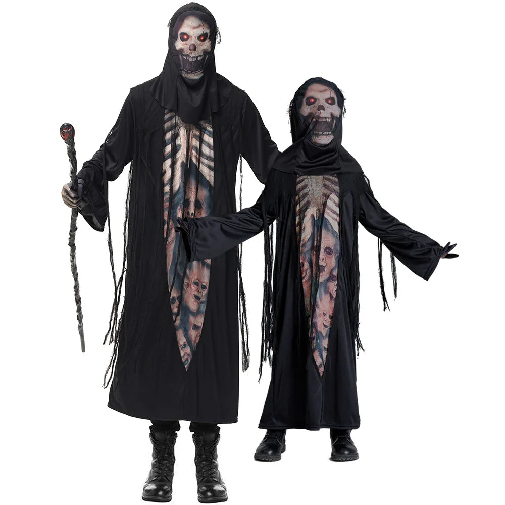 Boys Black Death Azrael Cosplay Kids Children Halloween Devil Ghost Skeleton Robe