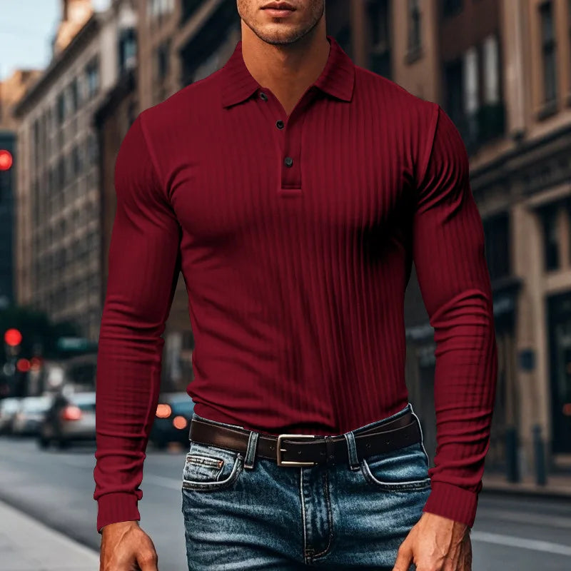 New Men's Polo Shirt Long Sleeve Button-down Solid Color Popular Pullover Knitwear Streetwear