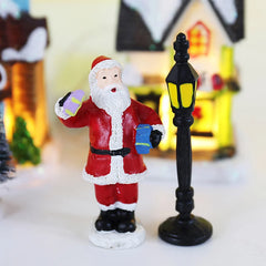 LED Resin Christmas Village Ornaments Set Figurines Decoration Santa Claus Pine Needles Snow View House