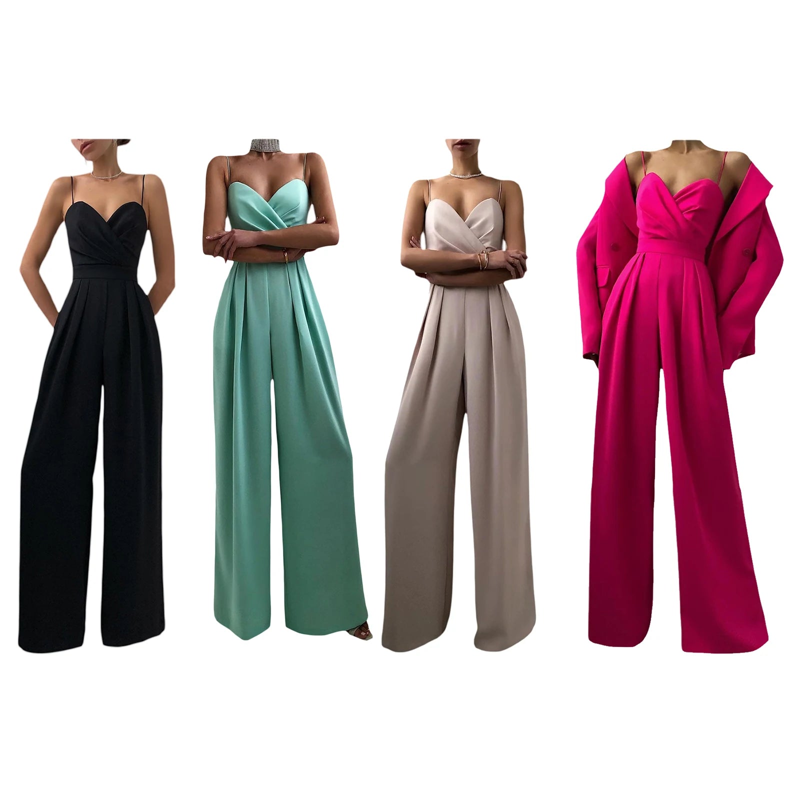 Women's Spaghetti Straps V Neck Jumpsuit Sleeveless High Waist Wide Leg Long Pants Solid Casual Loose Rompers