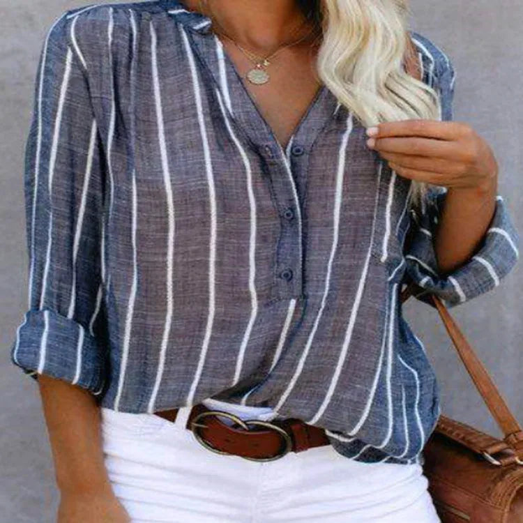 Women's New Spliced V-neck Button Pocket Striped Simple and Fashionable Printed Striped Shirt