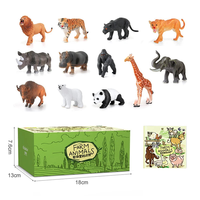 13PCS Wild Animal Model Simulated Elephant Gorilla Tiger Lion Hippo Panda Toy Ornaments Farm Animal Toys with Picture Album