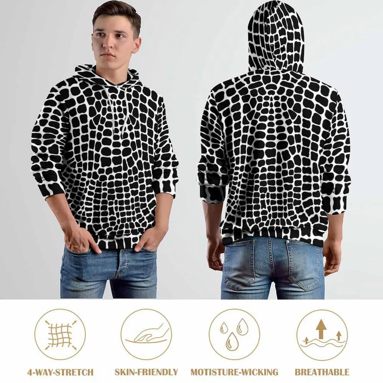 Snakeskin Casual Hoodies Black and White Animal Aesthetic Graphic Loose Hoodie