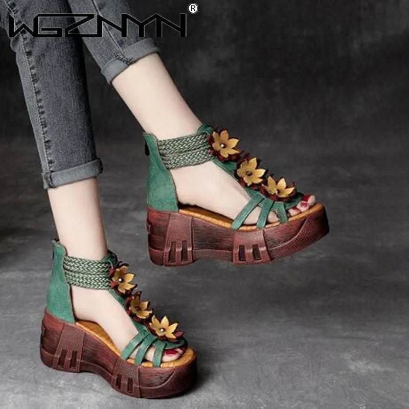 Summer Women Flowers Sandals Genuine PU Leather Open Toe Shoes Casual High Heel Wedges