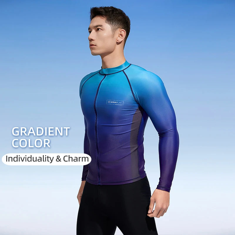 Men‘s Rash Guard Surfing Diving Swimwear Full Zipper Long Sleeve Suit Swimming Surf Clothing Outdoor Sport Fitness