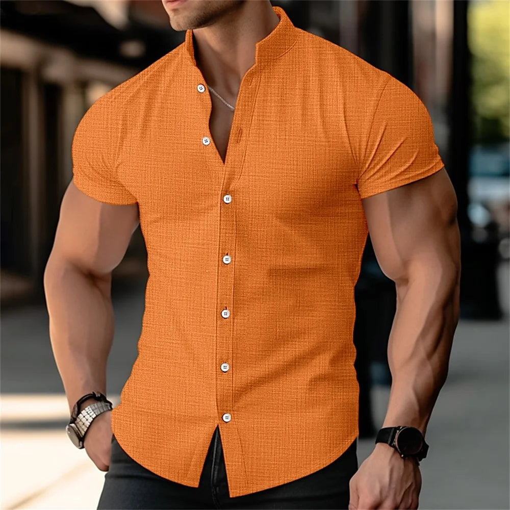 Men's Stand Up Collar Linen Shirt, Summer Beach Button, Black and White Pool, Orange Short Sleeved Shirt, Casual Daily Clothing