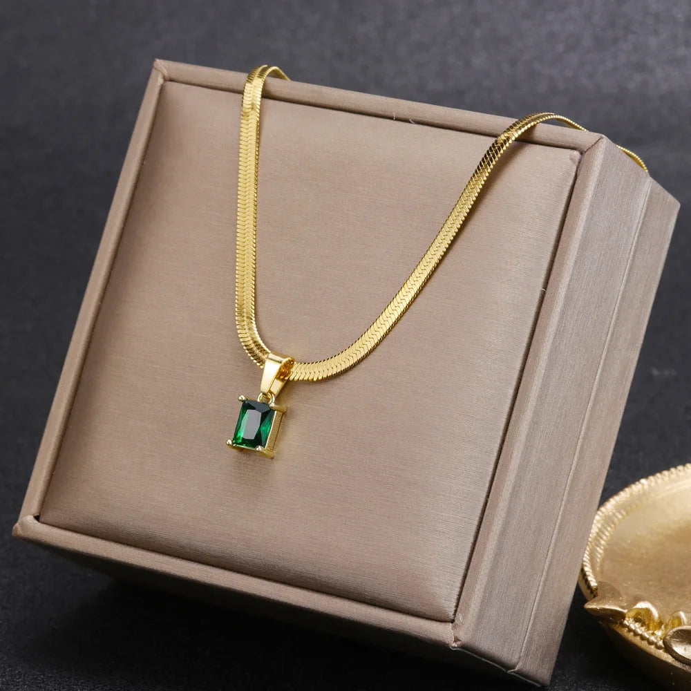 Elegant Green Zircon Snake Chain Necklace For Women Shiny Crystal Pendant Necklace