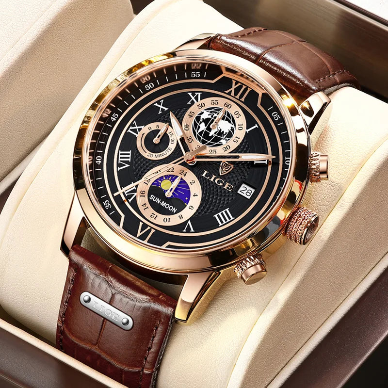 LIGE Business Mens Watches Top Brand Luxury Leather Casual Quartz Moonswatch for Men