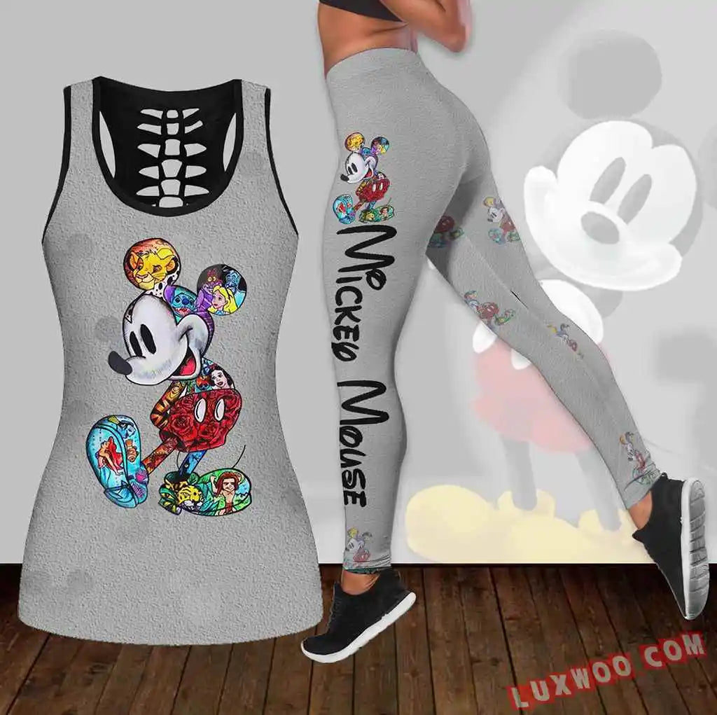 Mickey Women's Hollow Vest Women's Leggings Yoga Suit Fitness Leggings Sports Suit Disney Tank Top Legging Set