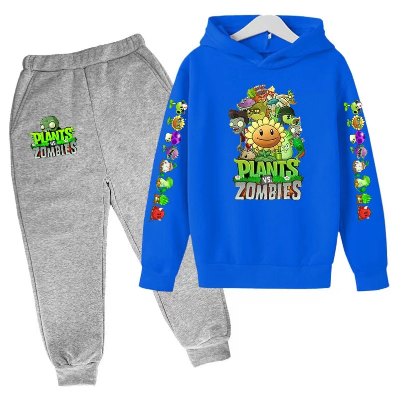 Kids Hooded Pullover Popular Game Plants vs. Monster Print Boys/Girls Top/Pants Clothing Set