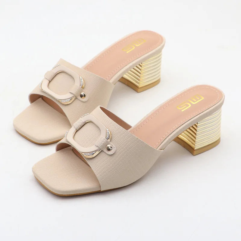 High-heeled women's slippers Summer of new thick-heeled square buckle plus size sandals wear high-value women's shoes