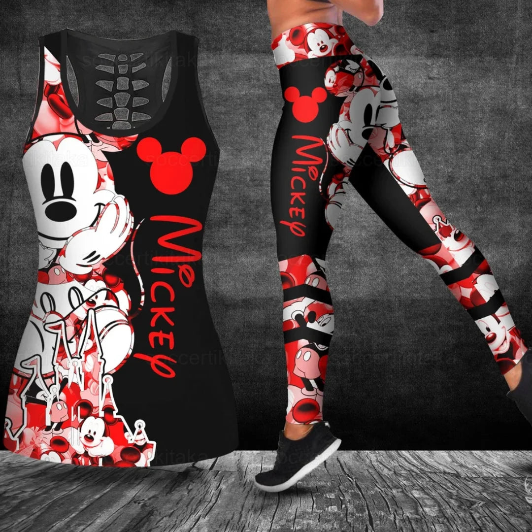 Mickey Women's Hollow Vest Women's Leggings Yoga Suit Fitness Leggings Sports Suit Disney Tank Top Legging Set