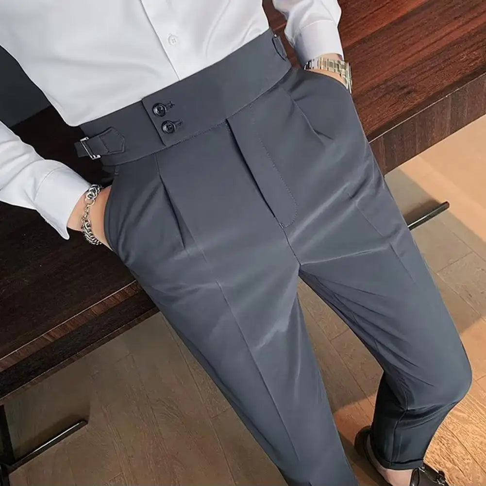 Men's Office Trousers Slim Fit High Waist Vintage Pockets for Formal Business Style Men Pants