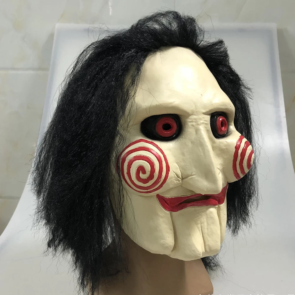 Movie Saw Chainsaw Massacre Jigsaw Puppet Masks with Wig Hair Latex Creepy Halloween Horror Scary mask Unisex Party Cosplay Prop