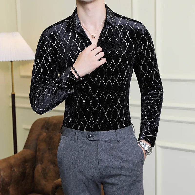 Men's Shirts Autumn Winter Luxury Velvet Social Shirt For Men Clothing 2024 Slim Fit Elegant Formal Grid Shirt Dress Long Sleeve