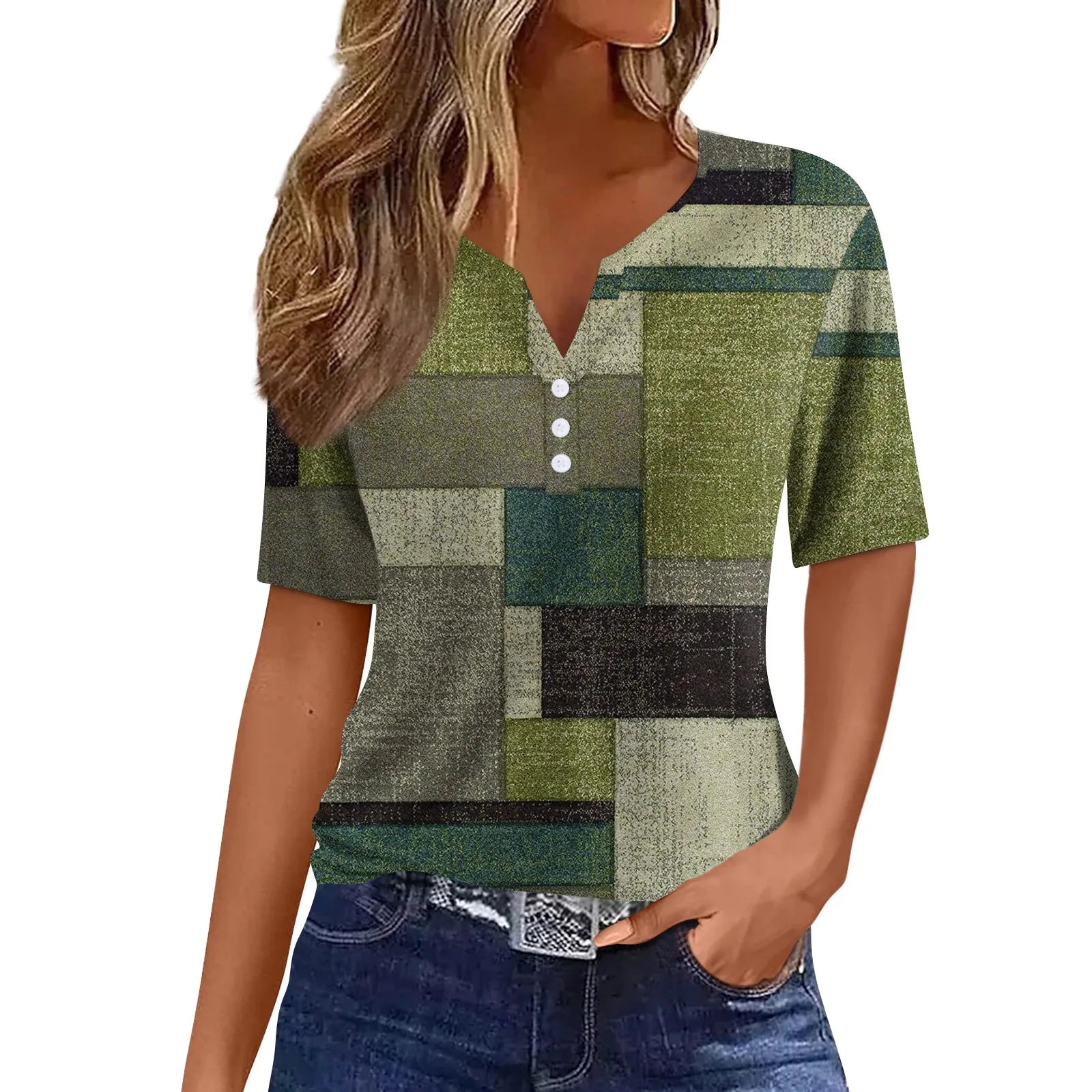 Women's Fashion Casual Geometric Printed T-Shirt V-Neck Short Sleeve Button Top Tops for Women Womens Tops and Blouses 2024