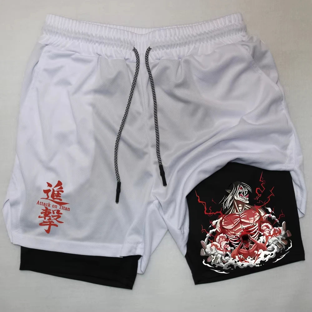 Anime Gym Shorts Men Fitness Gothic Manga 2 in 1 Performance Shorts Mesh Quick Dry Athletics Short Pants