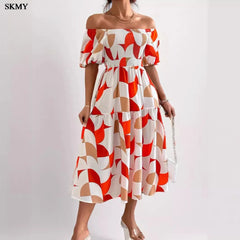 Women's Summer Fashion One Collar Ruffle Printed Short Sleeve Dress Dresses For Women