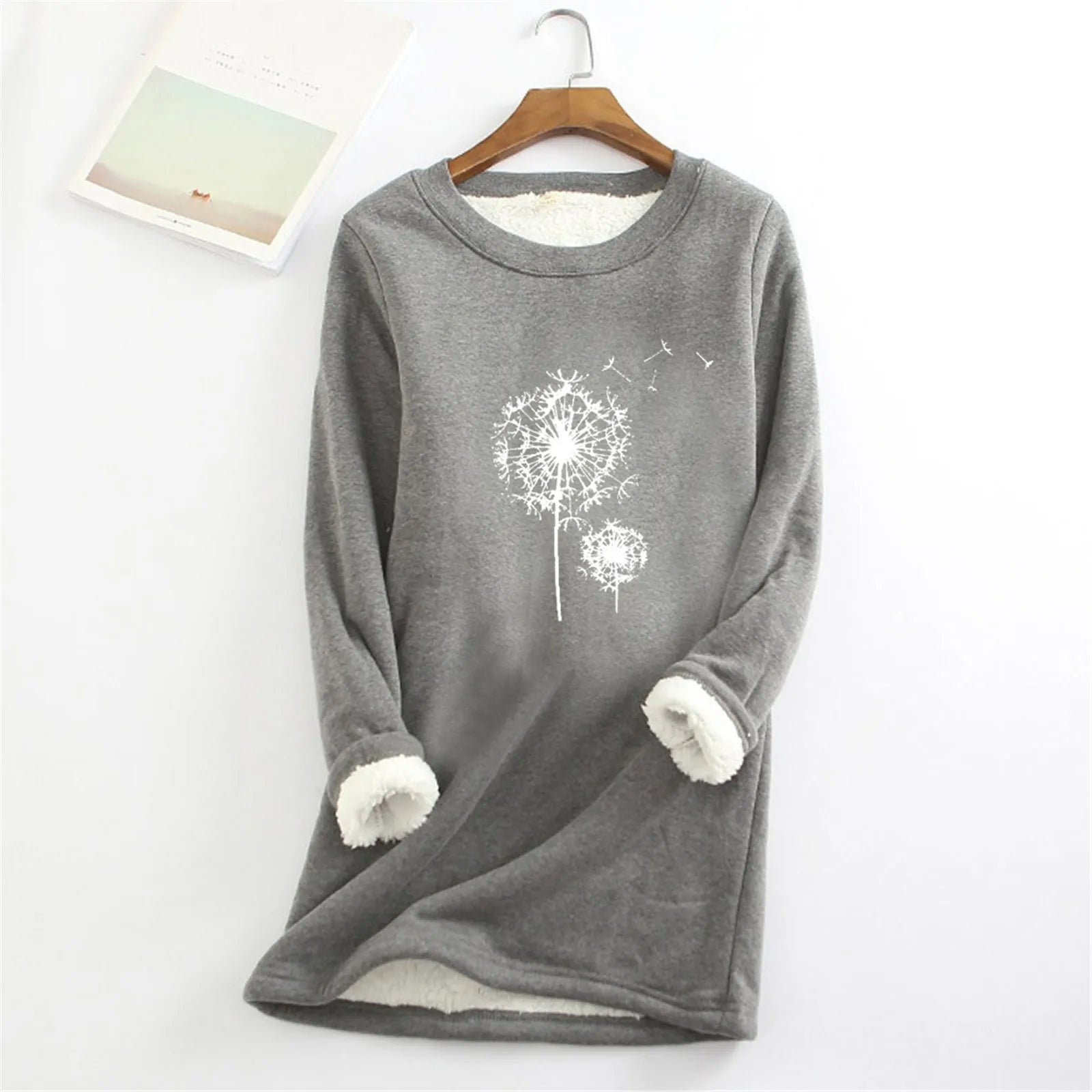 Women Casual Print Shirt Thick Fleece Lined Sweatshirt Winter Round Neck Warmth Padded Soft Fashion Pullover