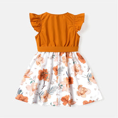 PatPat Kid Girl Floral Print Splice Flutter-sleeve Belted Dress