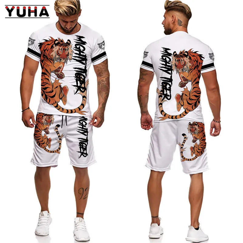 YUHA,Tiger King 3D Printed Men's T-shirt+Shorts Suit Unisex Cool Animal Summer O-Neck Tops