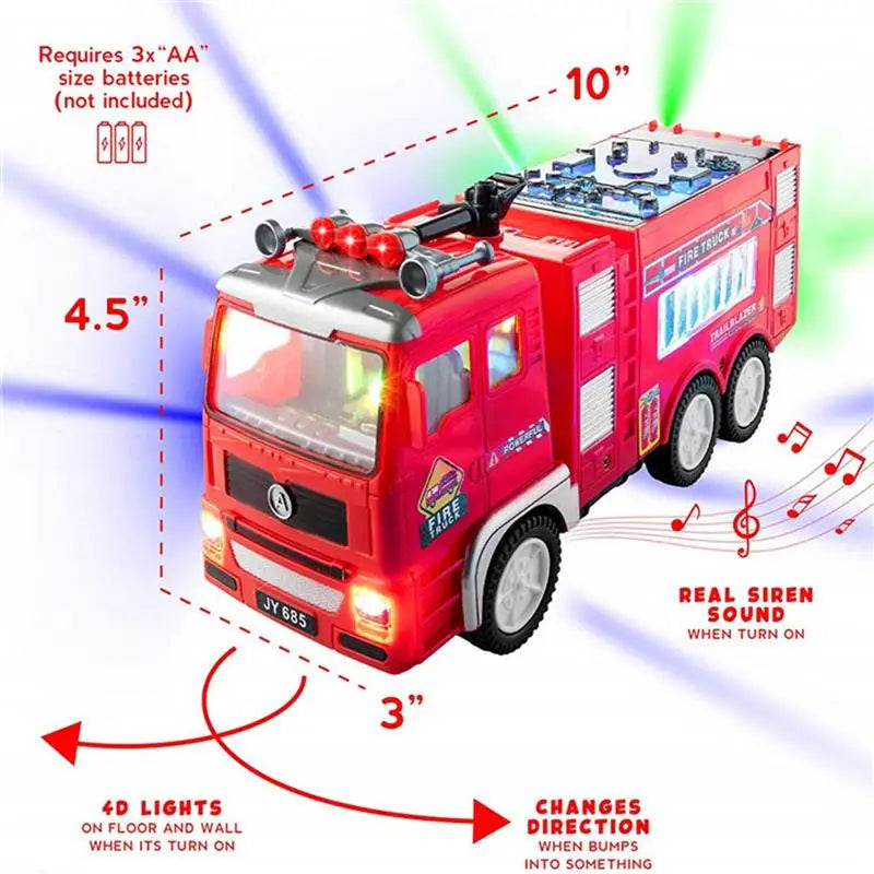 Electric Fire Truck Kids Toy With Bright Flashing 4D Lights & Real Siren Sounds Bump And Go Firetruck