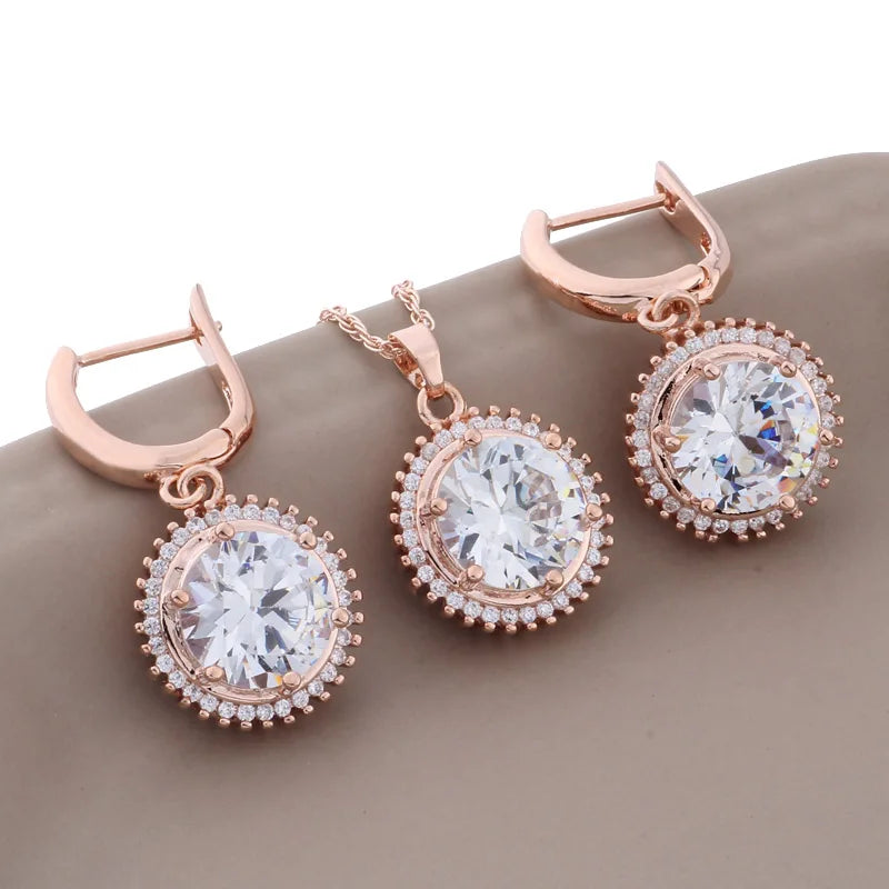 Rose Gold Color High Quality White Natural Zircon Round Earrings Luxury Elegant Women's Jewelry Set