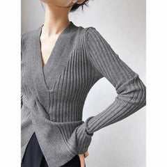 French Vintage Grey Crossbody V-Neck Knit Base Layer Top