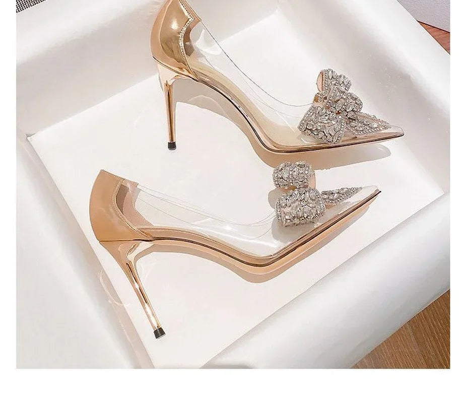 Wpmens Pumps Rhinestone Butterfl-knot Pointed Toe Pumps Wedding High Heels Spring