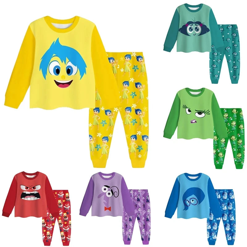 Inside Out 2 Kids Nightwear Cartoon Joy Pajama Sets Long Sleeve Toddler Boys Girls T Shirt Pants