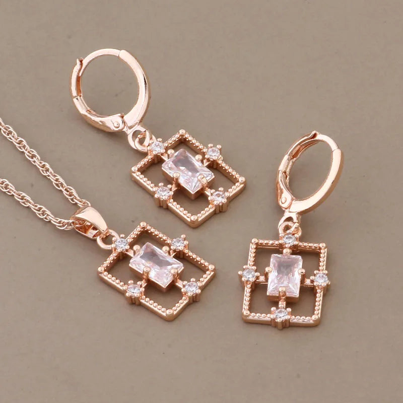 New Trend Luxury Necklaces And Earrings Set Rose Gold Color Simple Rectangle Geometry Zircon Wedding Elegant Jewelry Sets