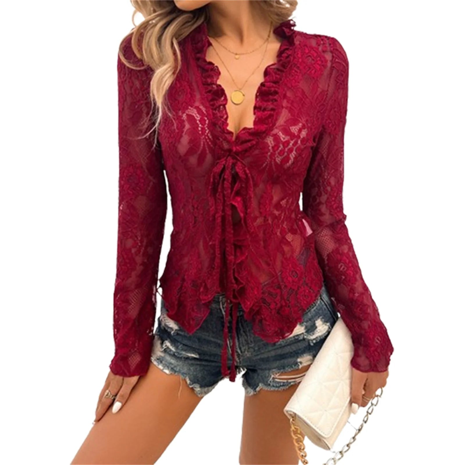 Elegant Floral Lace Long Sleeve Blouse with Front Tie Detail - Stylish Sheer Top for Chic Clubwear and Street Style Fashion