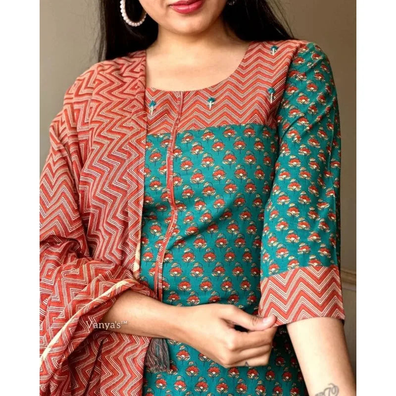 Women Printed Kurta Palazzo with Dupatta Set Indian Wedding Salwar Kameez Suit